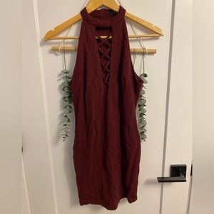Halter criss-cross bodycon dress, burgundy, zip up back